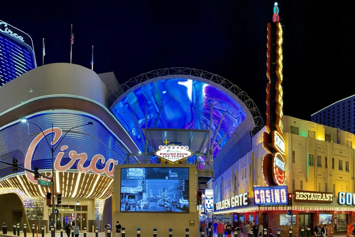 Circa and the Golden Gate at the west end of the Fremont Street Experience in downtown Las Vegas at night