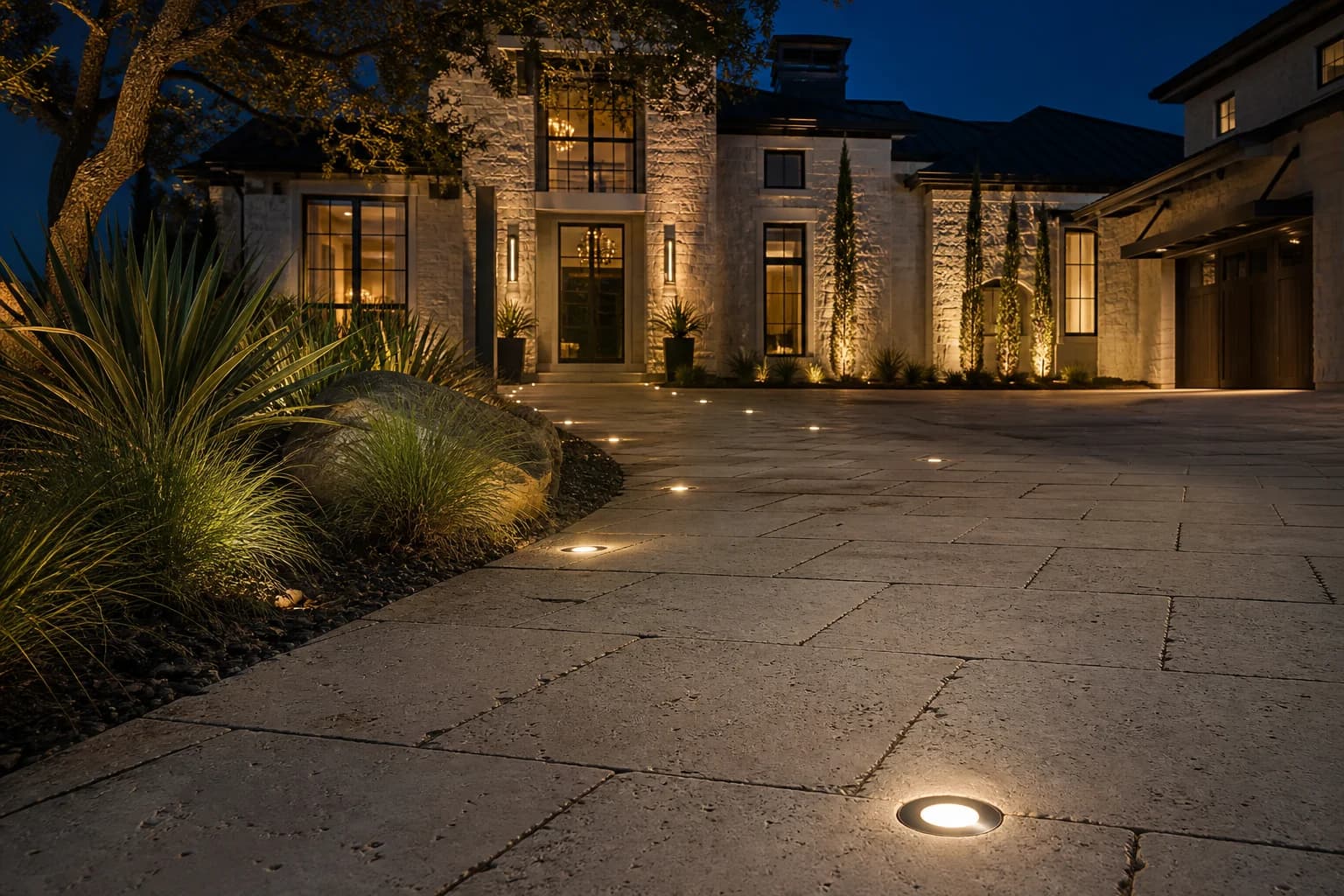 Round recessed paver lights guiding the driveway of a fictional luxury home